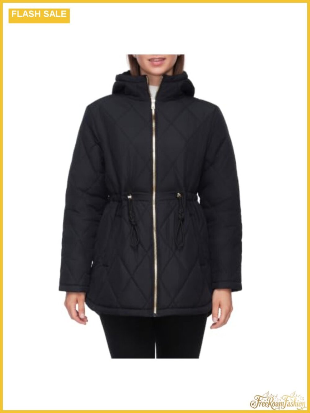 Diamond Quilted Puffer Jacket Adjustable Hem Waist Zip Coat